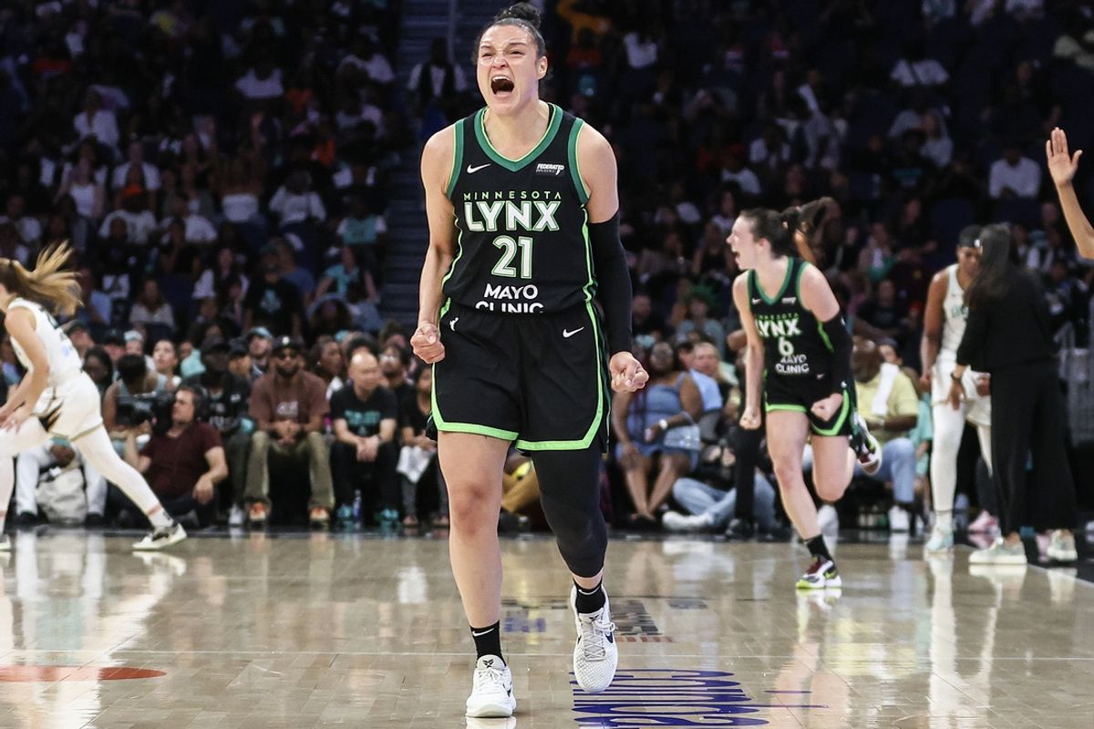 Jun 25, 2024; Belmont Park, New York, USA; Minnesota Lynx guard Kayla McBride (21) celebrates in the fourth quarter against the New York Liberty in the Commissioner’s Cup Championship game at UBS Arena. Mandatory Credit: Wendell Cruz-USA TODAY Sports