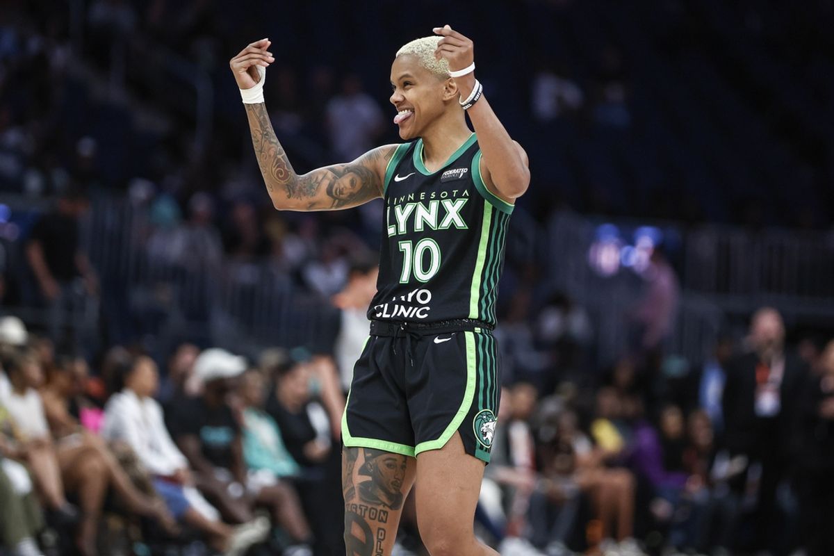 Jun 25, 2024; Belmont Park, New York, USA; Minnesota Lynx guard Courtney Williams (10) celebrates in the fourth quarter against the New York Liberty in the Commissioner’s Cup Championship game at UBS Arena. Mandatory Credit: Wendell Cruz-USA TODAY Sports