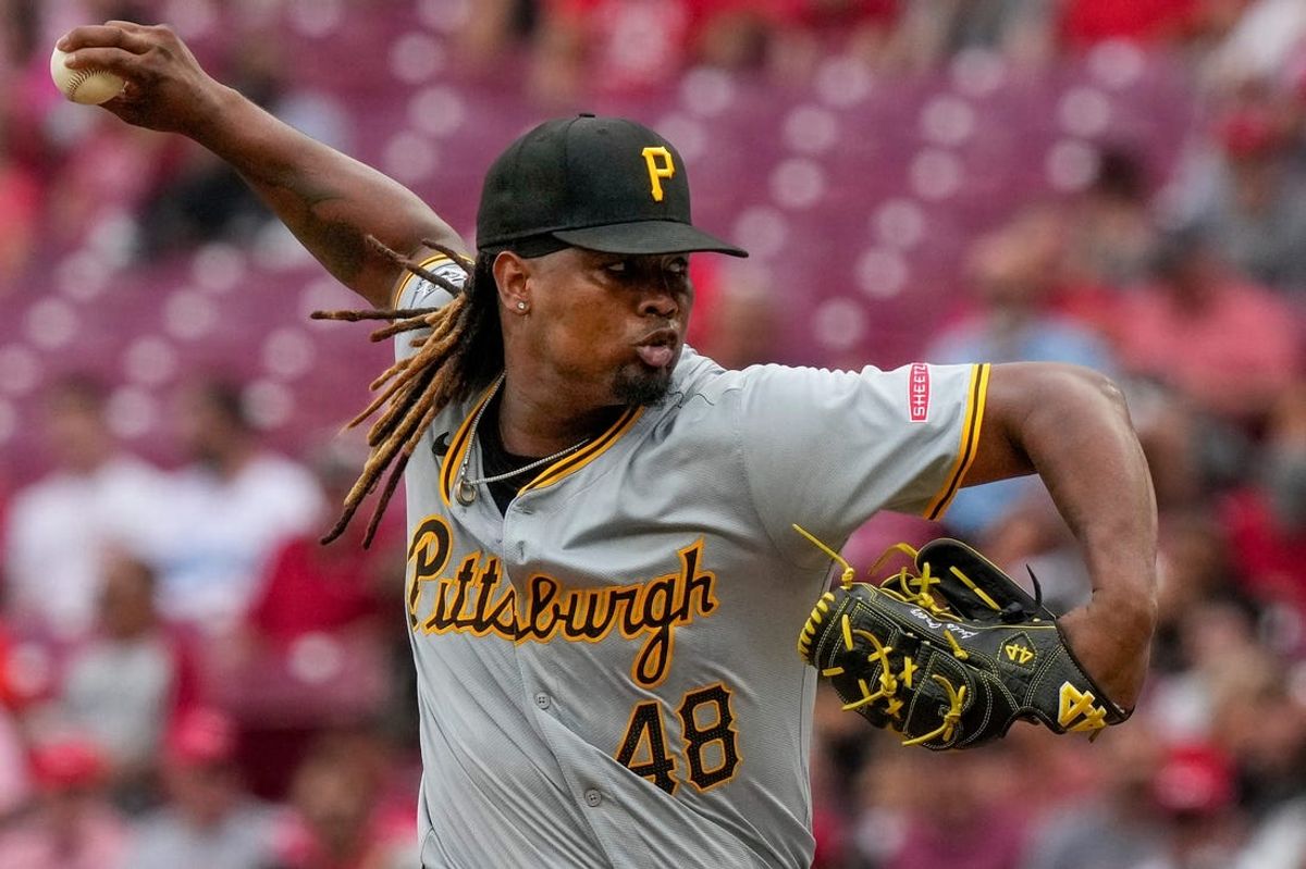 Pittsburgh Pirates pitcher Luis L. Ortiz (48) throws a pitch in the first inning of the MLB National League game between the Cincinnati Reds and the Pittsburgh Pirates at Great American Ball Park on Wednesday, June 26, 2024. The Pirates led 2-1 after four innings.