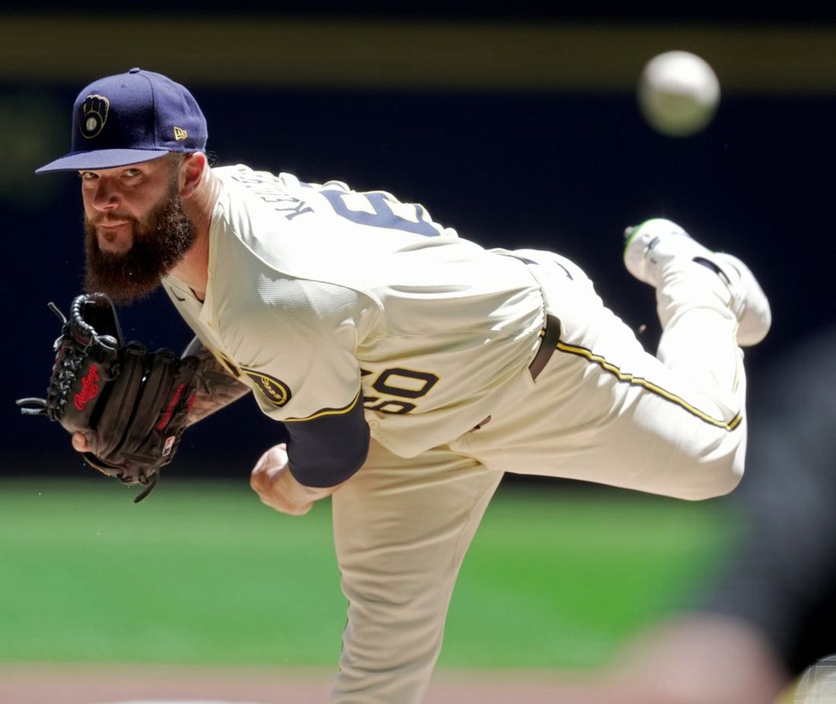 Milwaukee Brewers pitcher Dallas Keuchel (60) throws during the first inning of their game against the Texas Rangers Wednesday, June 26, 2024 at American Family Field in Milwaukee, Wisconsin.