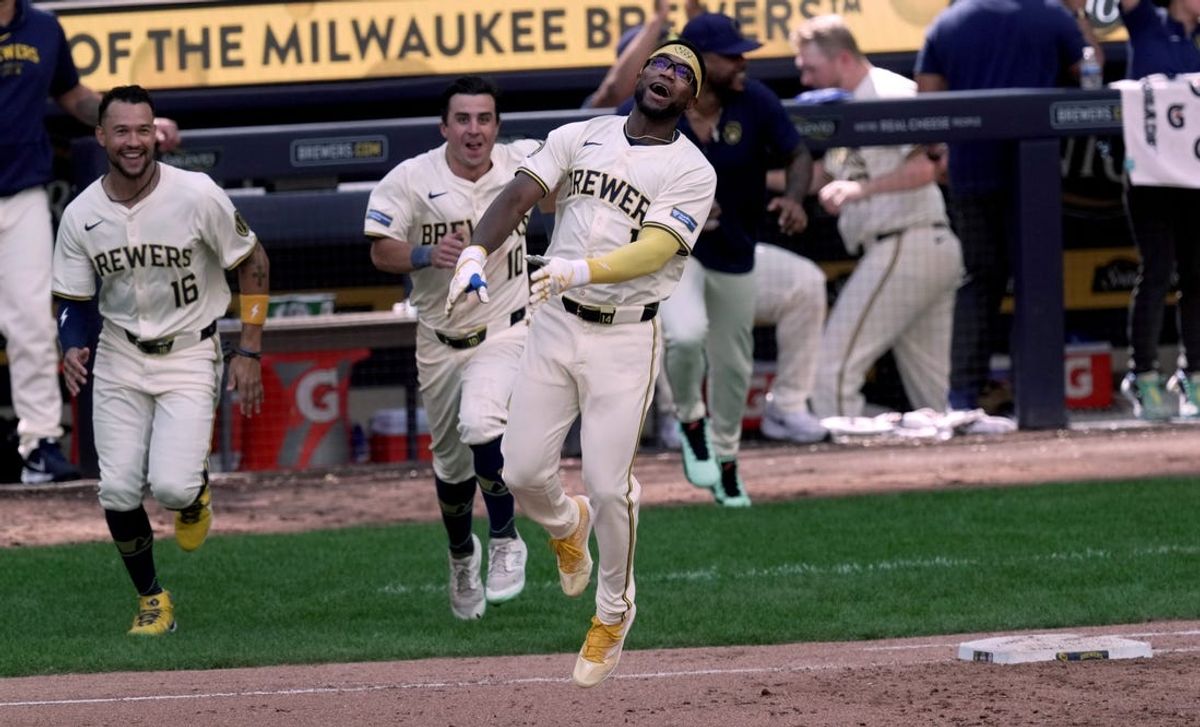 Brewers third baseman Andruw Monasterio celebrates after delivering a walk-off single against the Rangers in the bottom of the 10th inning Wednesday at American Family Field, Wisconsin.Mark Hoffman/Milwaukee Journal Sentinel