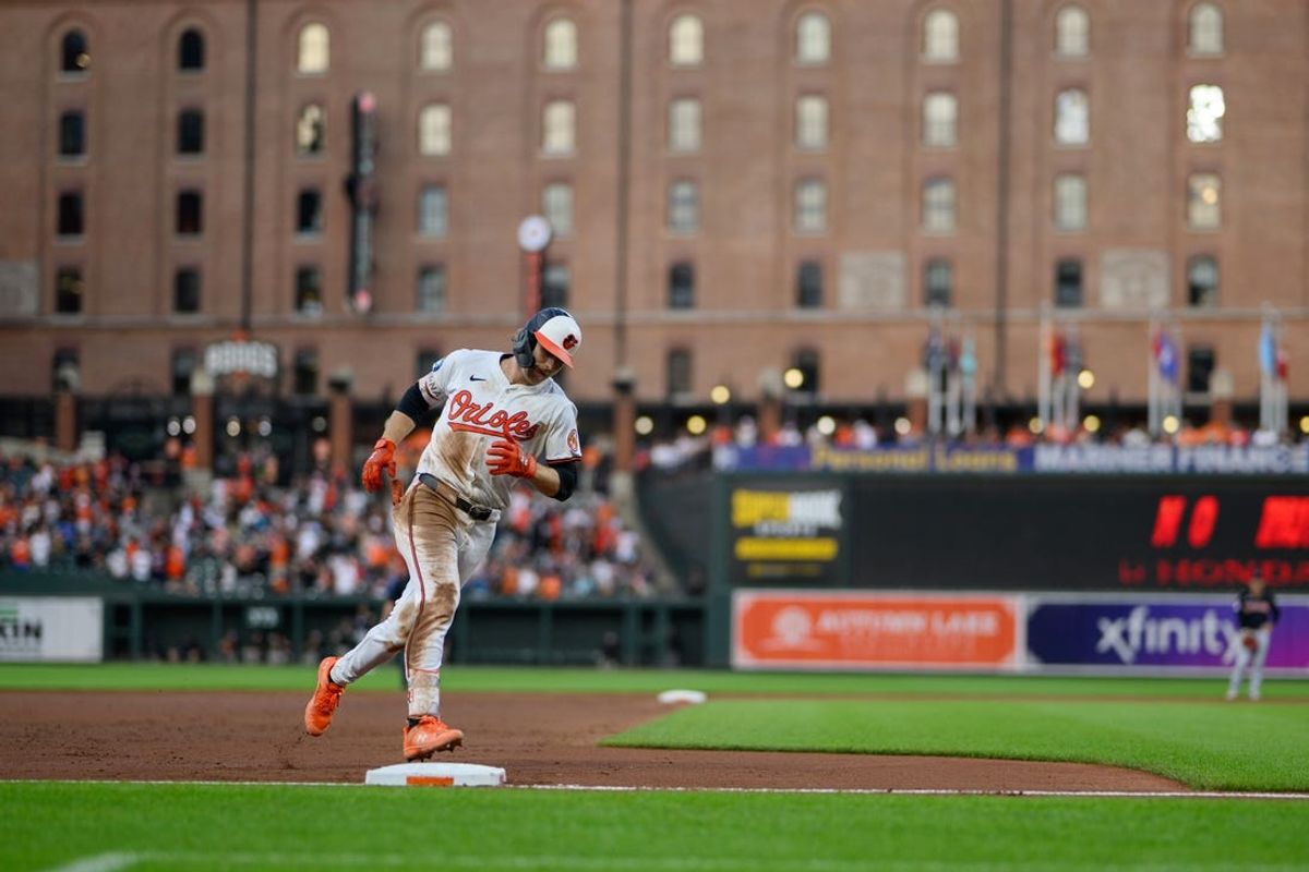 Jun 26, 2024; Baltimore, Maryland, USA; Baltimore Orioles shortstop Gunnar Henderson (2) rounds third base after hitting a home run during the fifth inning against the Cleveland Guardians at Oriole Park at Camden Yards. Mandatory Credit: Reggie Hildred-USA TODAY Sports