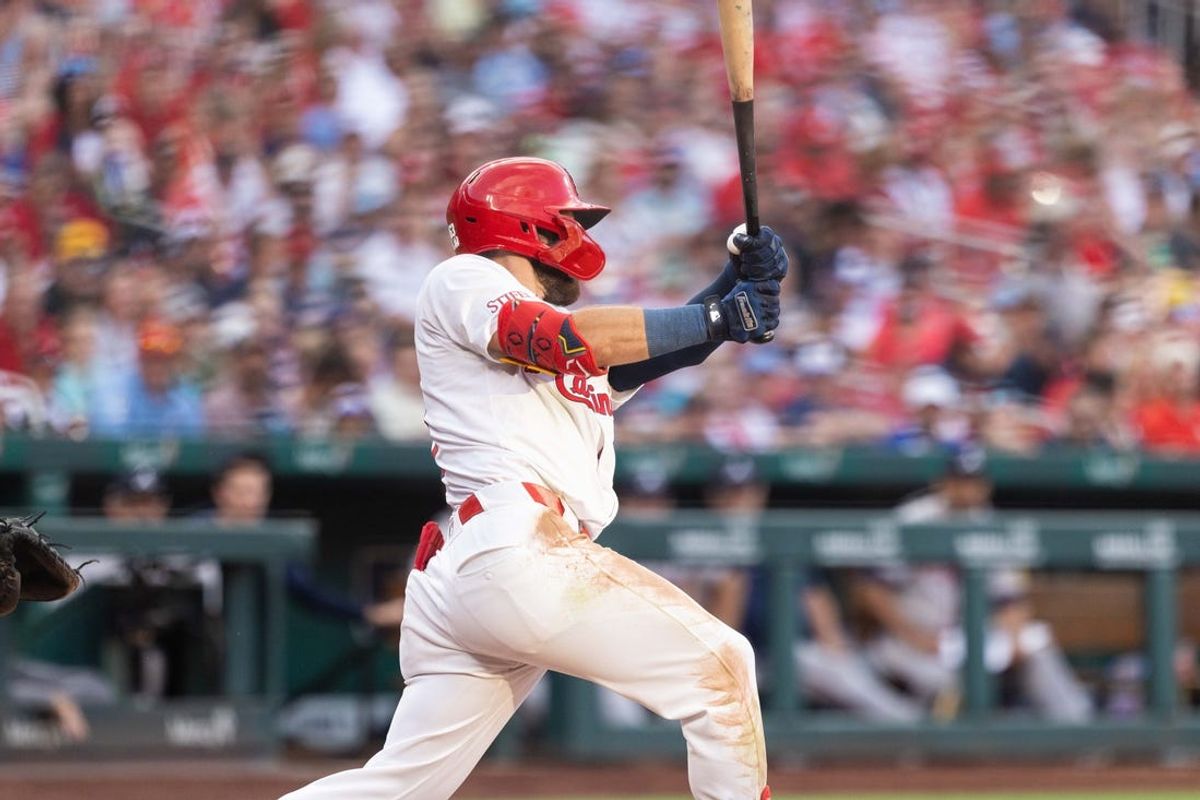 Jun 26, 2024; St. Louis, Missouri, USA; St. Louis Cardinals outfielder Michael Siani (63) hits a base hit in the fifth inning against the Atlanta Braves at Busch Stadium. Mandatory Credit: Zach Dalin-USA TODAY Sports