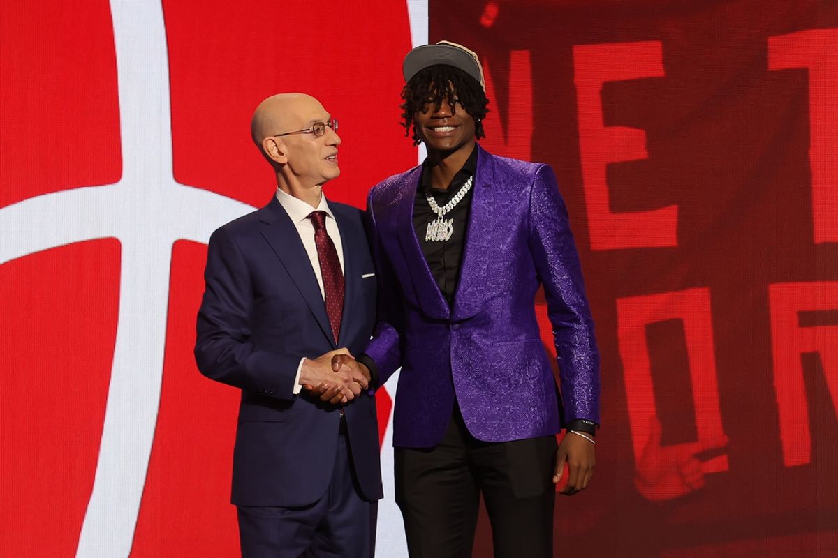 Jun 26, 2024; Brooklyn, NY, USA; Ja'Kobe Walter poses for photos with NBA commissioner Adam Silver after being selected in the first round by the Toronto Raptors in the 2024 NBA Draft at Barclays Center. Mandatory Credit: Brad Penner-Imagn Images