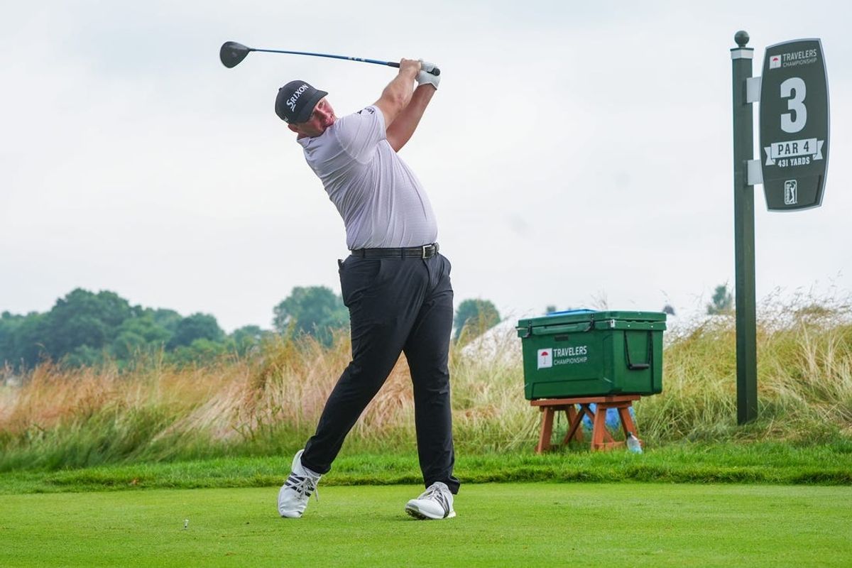 Jun 22, 2024; Cromwell, Connecticut, USA; Sepp Straka tees off on the third hole during the third round of the Travelers Championship golf tournament at TPC River Highlands. Mandatory Credit: Gregory Fisher-USA TODAY Sports