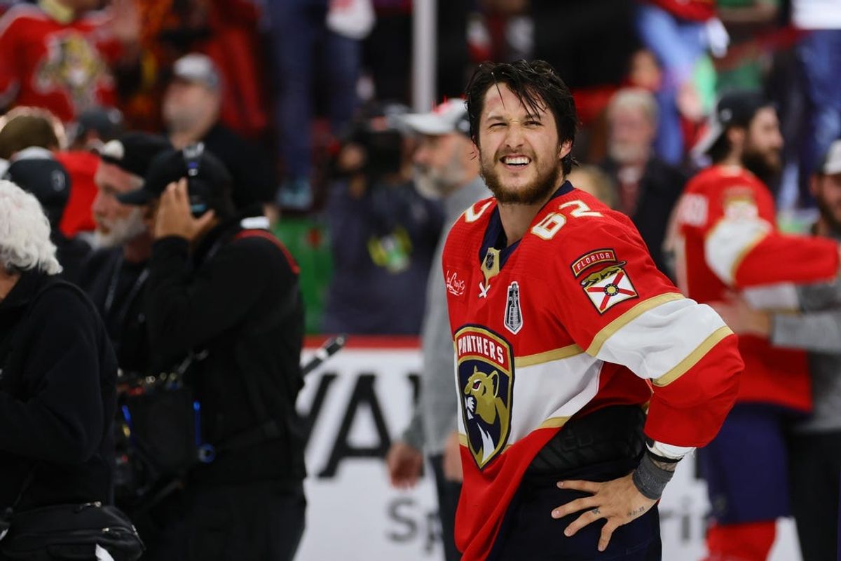 Jun 24, 2024; Sunrise, Florida, USA; Florida Panthers defenseman Brandon Montour (62) looks on after game seven of the 2024 Stanley Cup Final against the Edmonton Oilers at Amerant Bank Arena. Mandatory Credit: Sam Navarro-USA TODAY Sports