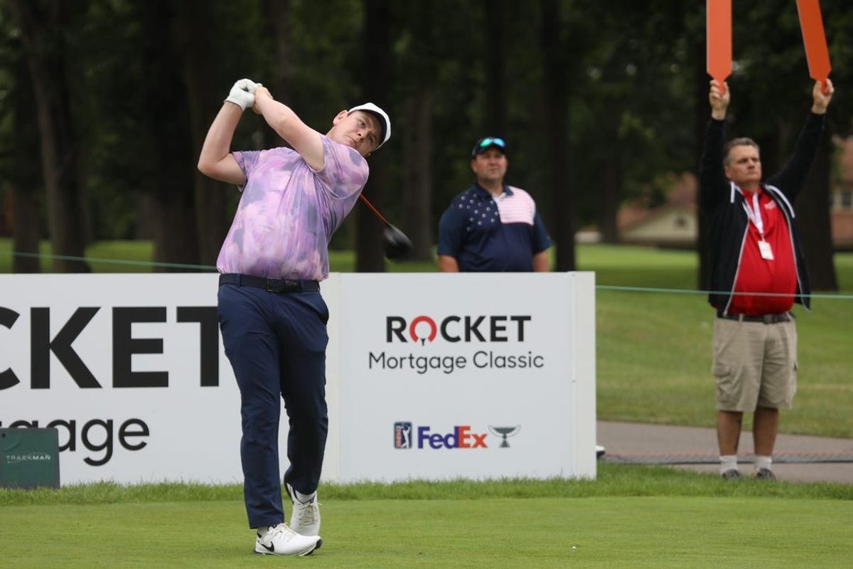 PGA golfer Robert McIntyre tees off, during round one of the Rocket Mortgage Classic at the Detroit Golf Club in Detroit on Thursday, June 27, 2024.