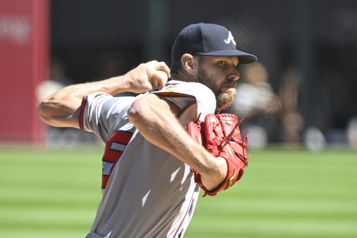 Jun 27, 2024; Chicago, Illinois, USA;  Atlanta Braves pitcher Chris Sale (51) delivers against the Chicago White Sox during the first inning at Guaranteed Rate Field. Mandatory Credit: Matt Marton-USA TODAY Sports