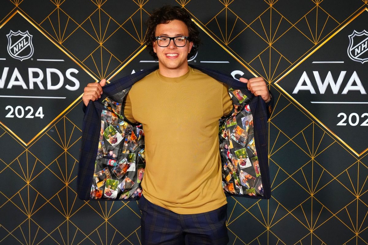Jun 27, 2024; Las Vegas, Nevada, USA; Brock Faber appears on a red carpet before the start of the 2024 NHL Awards at Fontainebleau Las Vegas. Mandatory Credit: Stephen R. Sylvanie-USA TODAY Sports