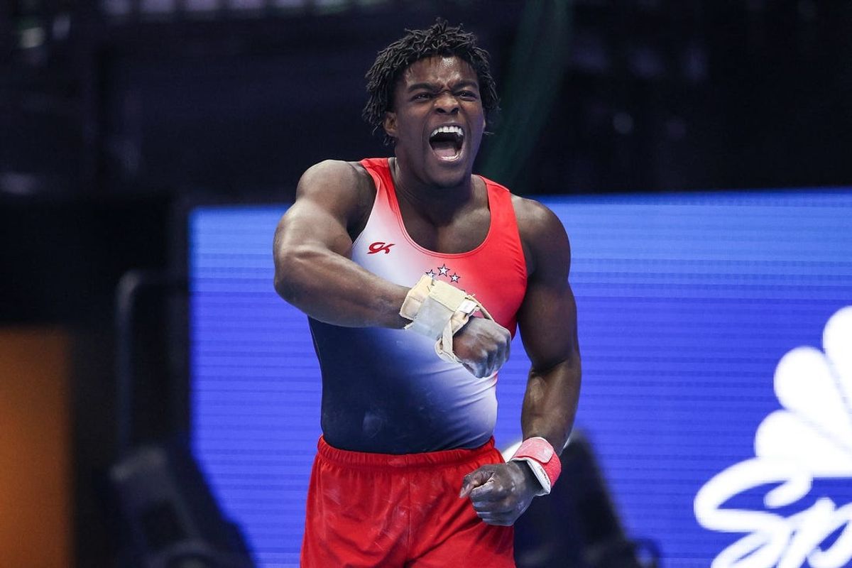 Jun 27, 2024; Minneapolis, Minnesota, USA; Frederick Richard celebrates his floor routine during the men's U.S. Olympic Team Trials at Target Center. Mandatory Credit: Matt Krohn-USA TODAY Sports
