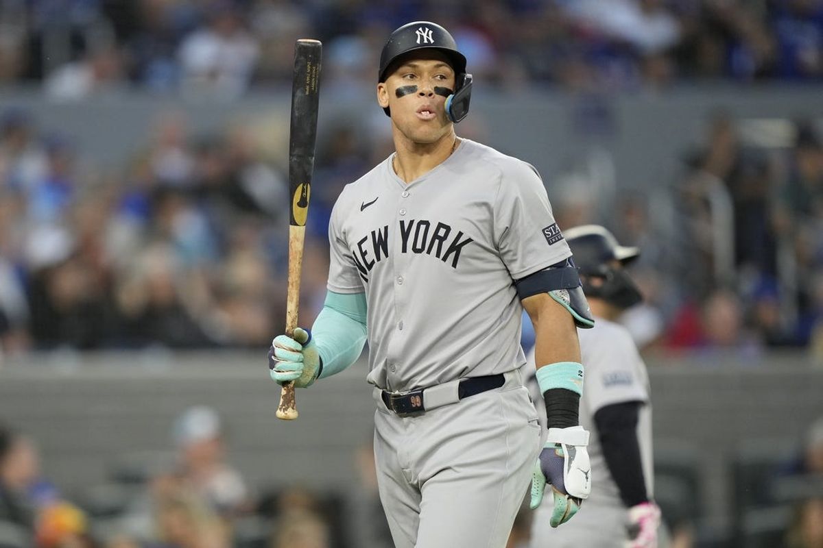 Jun 27, 2024; Toronto, Ontario, CAN; New York Yankees designated hitter Aaron Judge (99) reacts after striking out against the Toronto Blue Jays during the sixth inning at Rogers Centre. Mandatory Credit: John E. Sokolowski-USA TODAY Sports