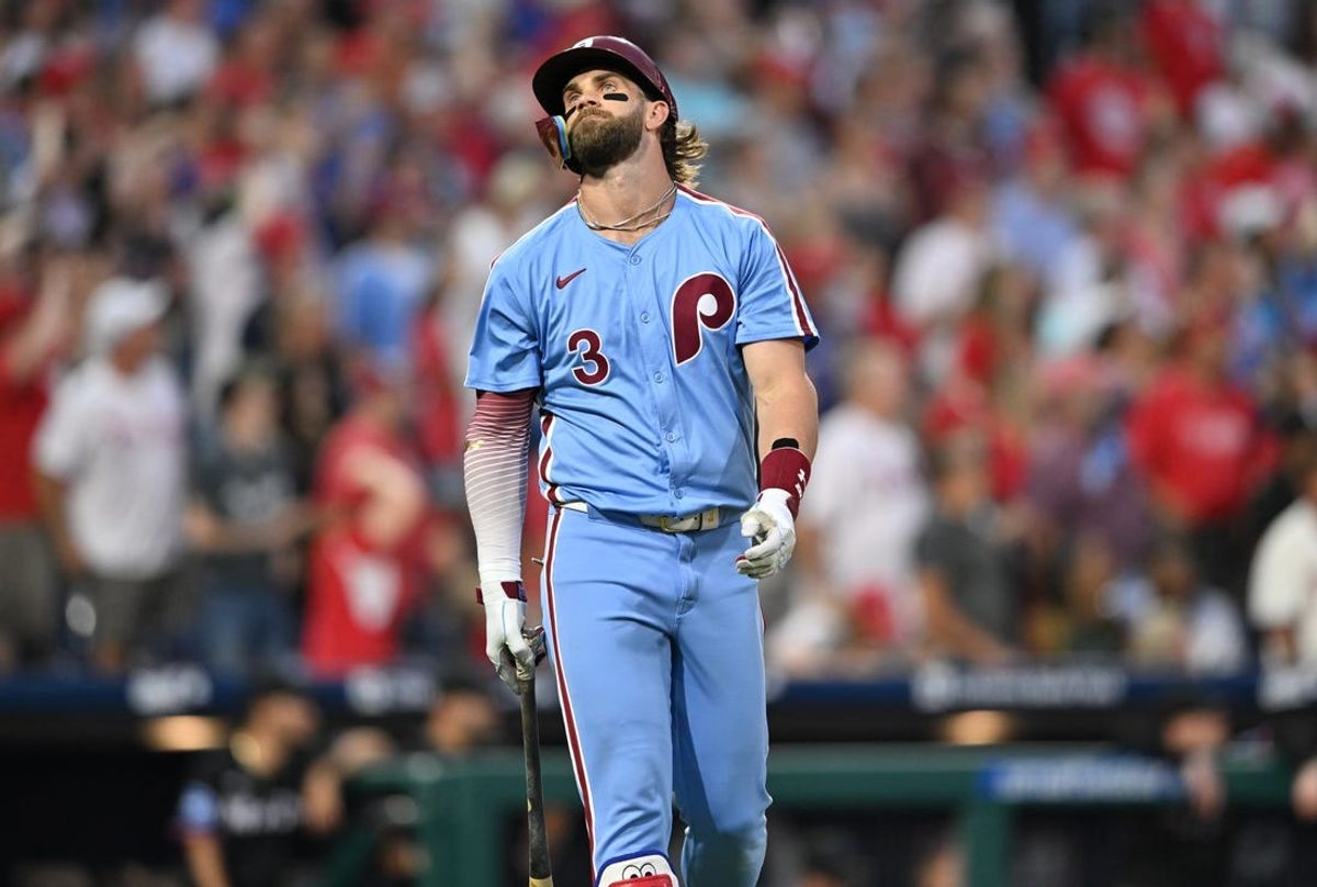 Jun 27, 2024; Philadelphia, Pennsylvania, USA; Philadelphia Phillies first baseman Bryce Harper (3) reacts after flying out against the Miami Marlins in the seventh inning at Citizens Bank Park. Mandatory Credit: Kyle Ross-USA TODAY Sports