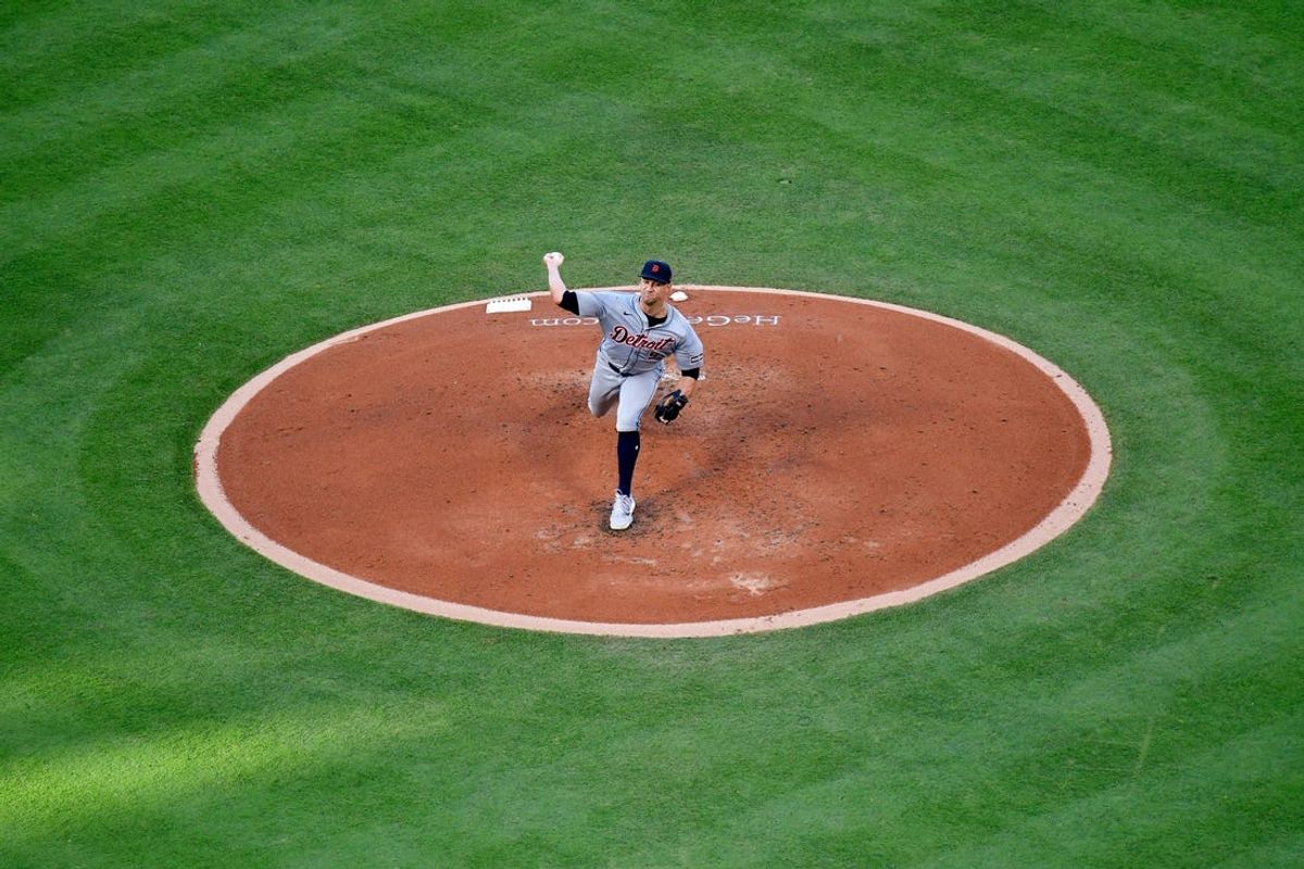 Jun 27, 2024; Anaheim, California, USA; Detroit Tigers starting pitcher Jack Flaherty (9) throws against the Los Angeles Angels during the second inning at Angel Stadium. Mandatory Credit: Gary A. Vasquez-USA TODAY Sports
