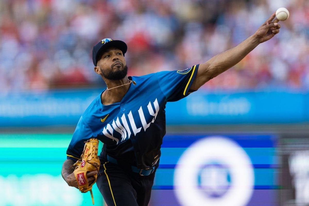 Jun 28, 2024; Philadelphia, Pennsylvania, USA; Philadelphia Phillies pitcher Cristopher Sánchez (61) throws a pitch during the third inning against the Miami Marlins at Citizens Bank Park. Mandatory Credit: Bill Streicher-USA TODAY Sports
