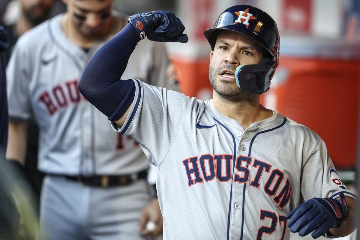 Jun 28, 2024; New York City, New York, USA;  Houston Astros second baseman Jose Altuve (27) celebrates after hitting a leadoff home run in the first inning against the New York Mets at Citi Field. Mandatory Credit: Wendell Cruz-USA TODAY Sports