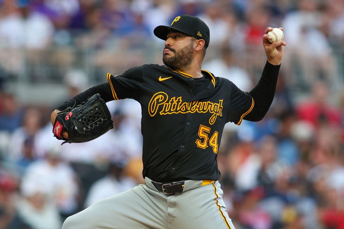 Jun 28, 2024; Atlanta, Georgia, USA; Pittsburgh Pirates starting pitcher Martin Perez (54) throws against the Atlanta Braves in the first inning at Truist Park. Mandatory Credit: Brett Davis-USA TODAY Sports