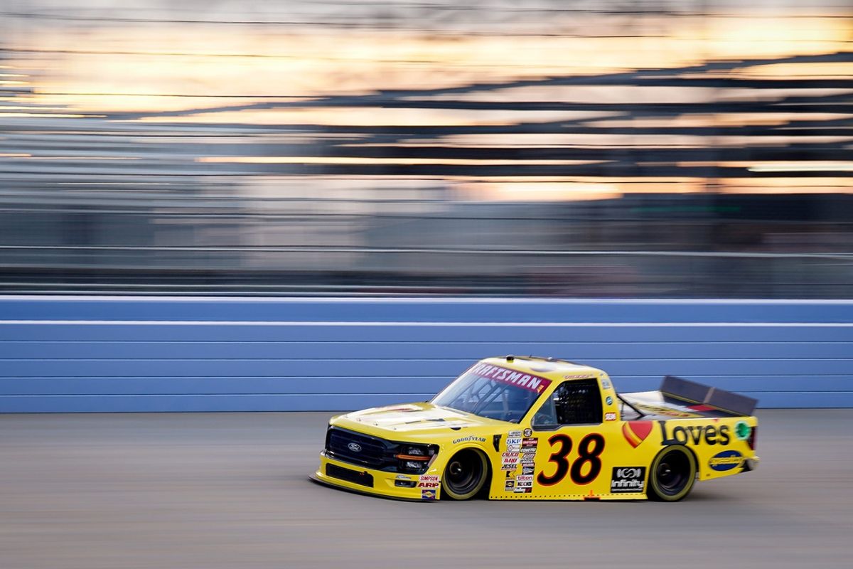 NASCAR Truck Series driver Layne Riggs (38) races during the Rackley Roofing 200 at Nashville Superspeedway in Lebanon, Tenn., Friday, June 28, 2024.