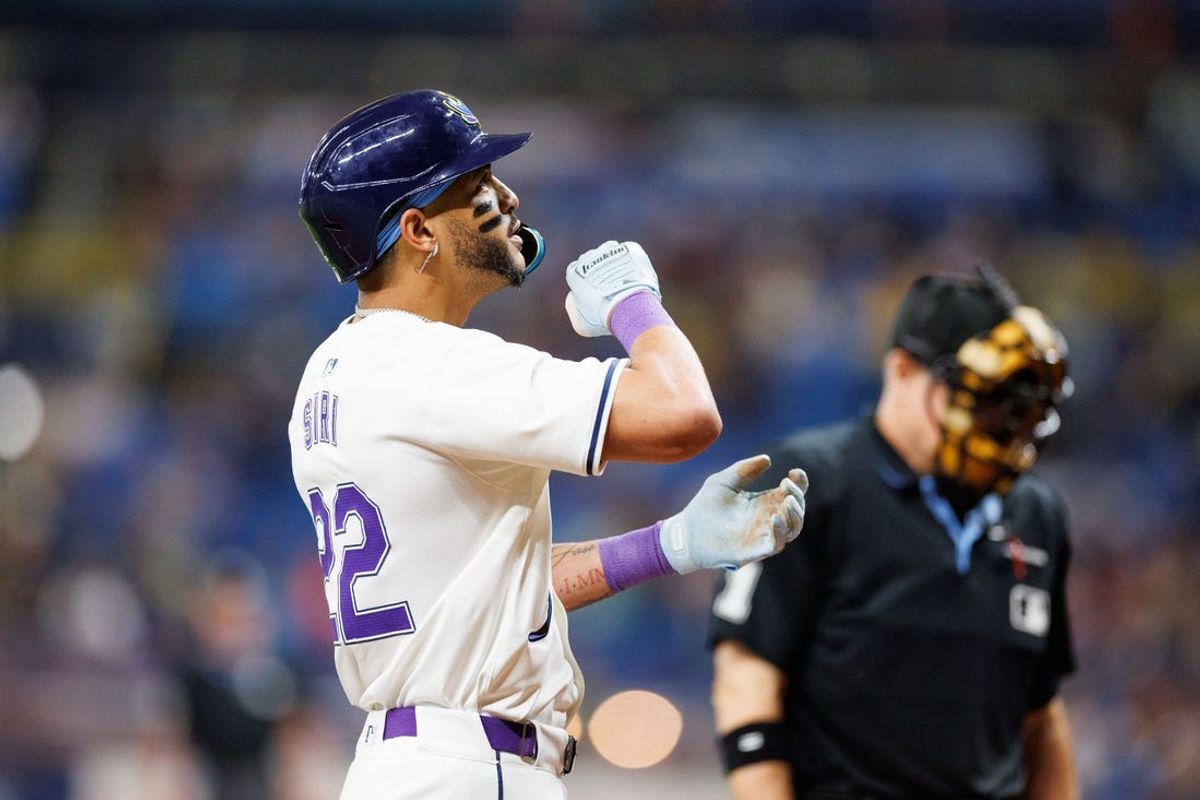Jun 28, 2024; St. Petersburg, Florida, USA;  Tampa Bay Rays outfielder Jose Siri (22) runs the bases after hitting a home run against the Washington Nationals in the sixth inning at Tropicana Field. Mandatory Credit: Nathan Ray Seebeck-USA TODAY Sports
