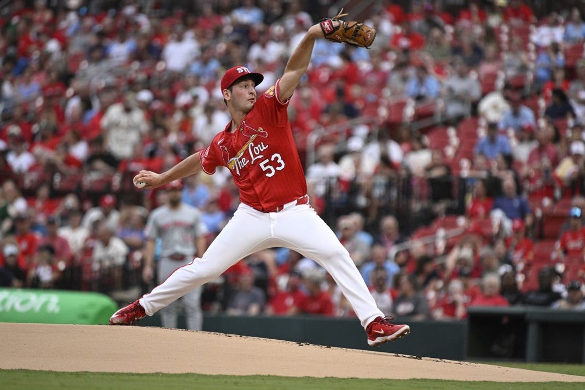 Jun 28, 2024; St. Louis, Missouri, USA; St. Louis Cardinals pitcher Andre Pallante (53) throws against the Cincinnati Reds during the first inning at Busch Stadium. Mandatory Credit: Jeff Le-USA TODAY Sports