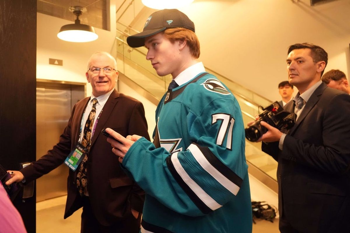 Jun 28, 2024; Las Vegas, Nevada, USA; San Jose Sharks 1st overall pick Macklin Celebrini looks on in the first round of the 2024 NHL Draft at The Sphere. Mandatory Credit: Joe Camporeale-USA TODAY Sports