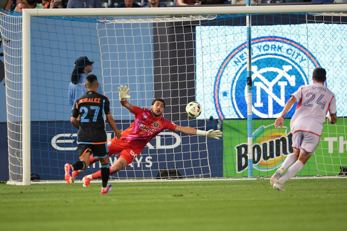 Jun 28, 2024; New York, New York, USA; Orlando City goalkeeper Javier Otero (50) is unable to block a goal by New York City FC forward Monsef Bakrar (not pictured) in the second half at Yankee Stadium. Mandatory Credit: Vincent Carchietta-Imagn Images