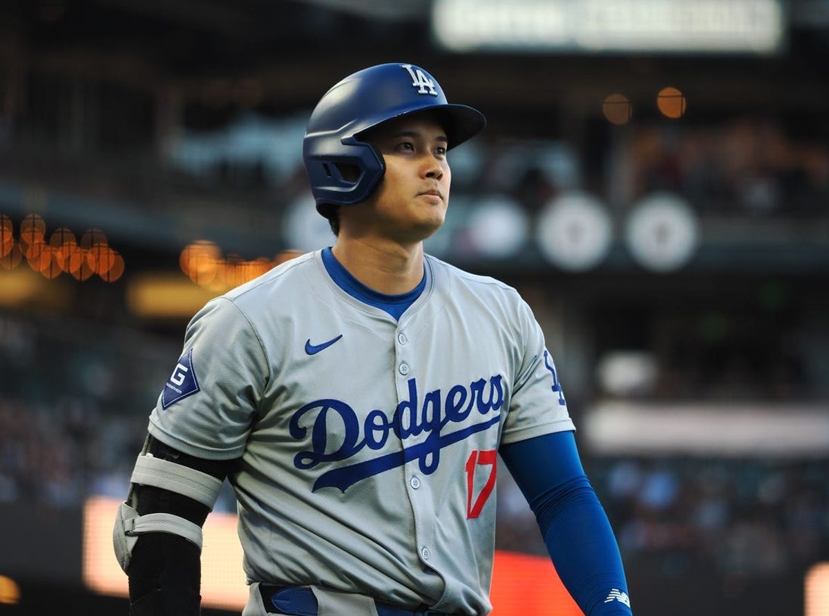 Jun 28, 2024; San Francisco, California, USA; Los Angeles Dodgers designated hitter Shohei Ohtani (17) reacts after striking out against the San Francisco Giants during the first inning at Oracle Park. Mandatory Credit: Kelley L Cox-USA TODAY Sports