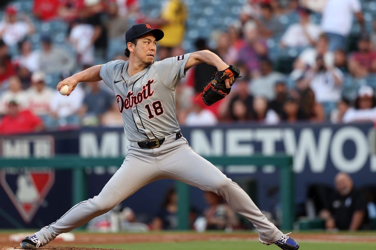 Jun 28, 2024; Anaheim, California, USA;  Detroit Tigers starting pitcher Kenta Maeda (18) pitches during the third inning against the Los Angeles Angels at Angel Stadium. Mandatory Credit: Kiyoshi Mio-USA TODAY Sports