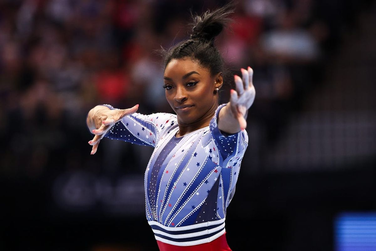 Jun 28, 2024; Minneapolis, Minnesota, USA; Simone Biles competes on the floor during the U.S. Olympic Team Gymnastics Trials at Target Center. Mandatory Credit: Matt Krohn-USA TODAY Sports