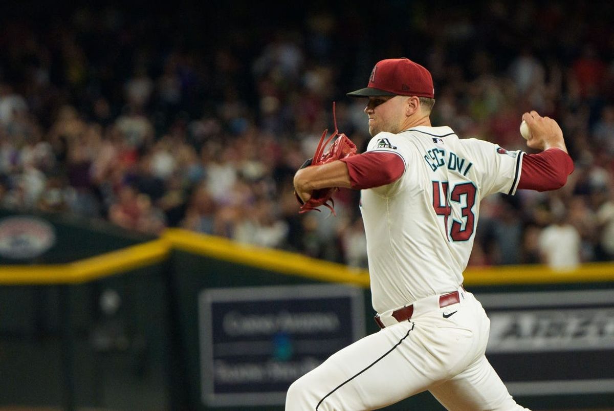Jun 28, 2024; Phoenix, Arizona, USA; Arizona Diamondbacks pitcher Slade Cecconi (43) throws in the fourth inning against the Oakland Athletics at Chase Field. Mandatory Credit: Allan Henry-USA TODAY Sports