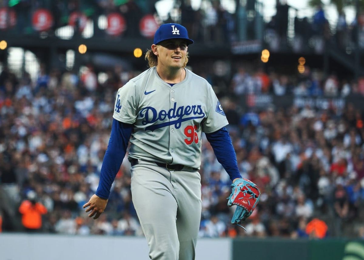 Jun 28, 2024; San Francisco, California, USA; Los Angeles Dodgers starting pitcher Landon Knack (96) leaves the field after the third inning against the San Francisco Giants at Oracle Park. Mandatory Credit: Kelley L Cox-USA TODAY Sports