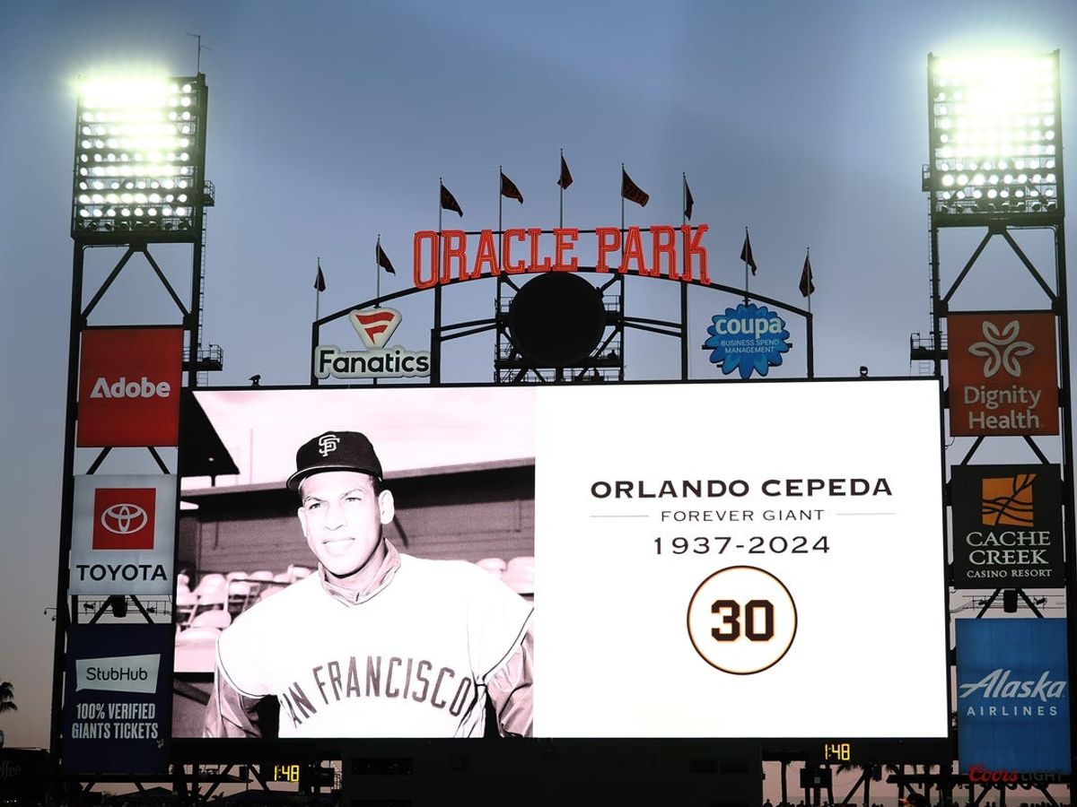 Jun 28, 2024; San Francisco, California, USA; The video board in memory of former San Francisco Giants player Orlando Cepeda during the fifth inning against the Los Angeles Dodgers at Oracle Park. Mandatory Credit: Kelley L Cox-USA TODAY Sports