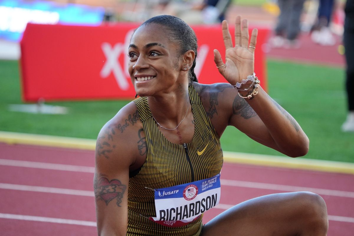 Jun 28, 2024; Eugene, OR, USA; Sha'Carri Richardson celebrates after winning the women's 200m heat in 21.92 during the US Olympic Team Trials at Hayward Field. Mandatory Credit: Kirby Lee-USA TODAY Sports