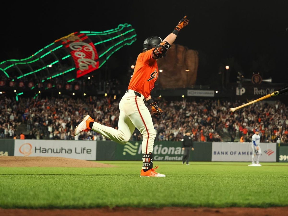 Jun 28, 2024; San Francisco, California, USA; San Francisco Giants second baseman Brett Wisely (0) celebrates as he rounds the bases on a two-run home run for a walk-off win against the Los Angeles Dodgers during the ninth inning at Oracle Park. Mandatory Credit: Kelley L Cox-USA TODAY Sports