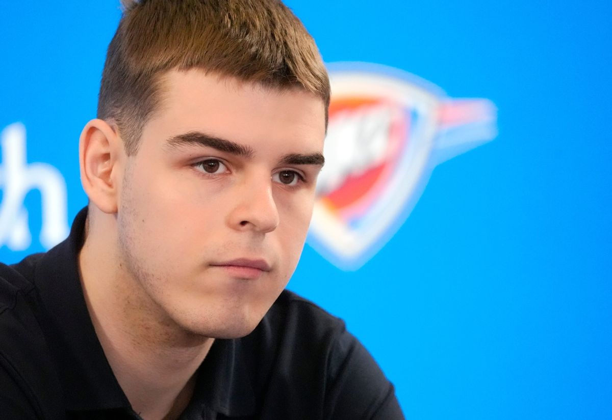 Nikola Topic speaks during an introductory press conference for the 2024 Thunder draft picks at Oklahoma Contemporary Arts Center in Oklahoma City, Saturday, June, 29, 2024.