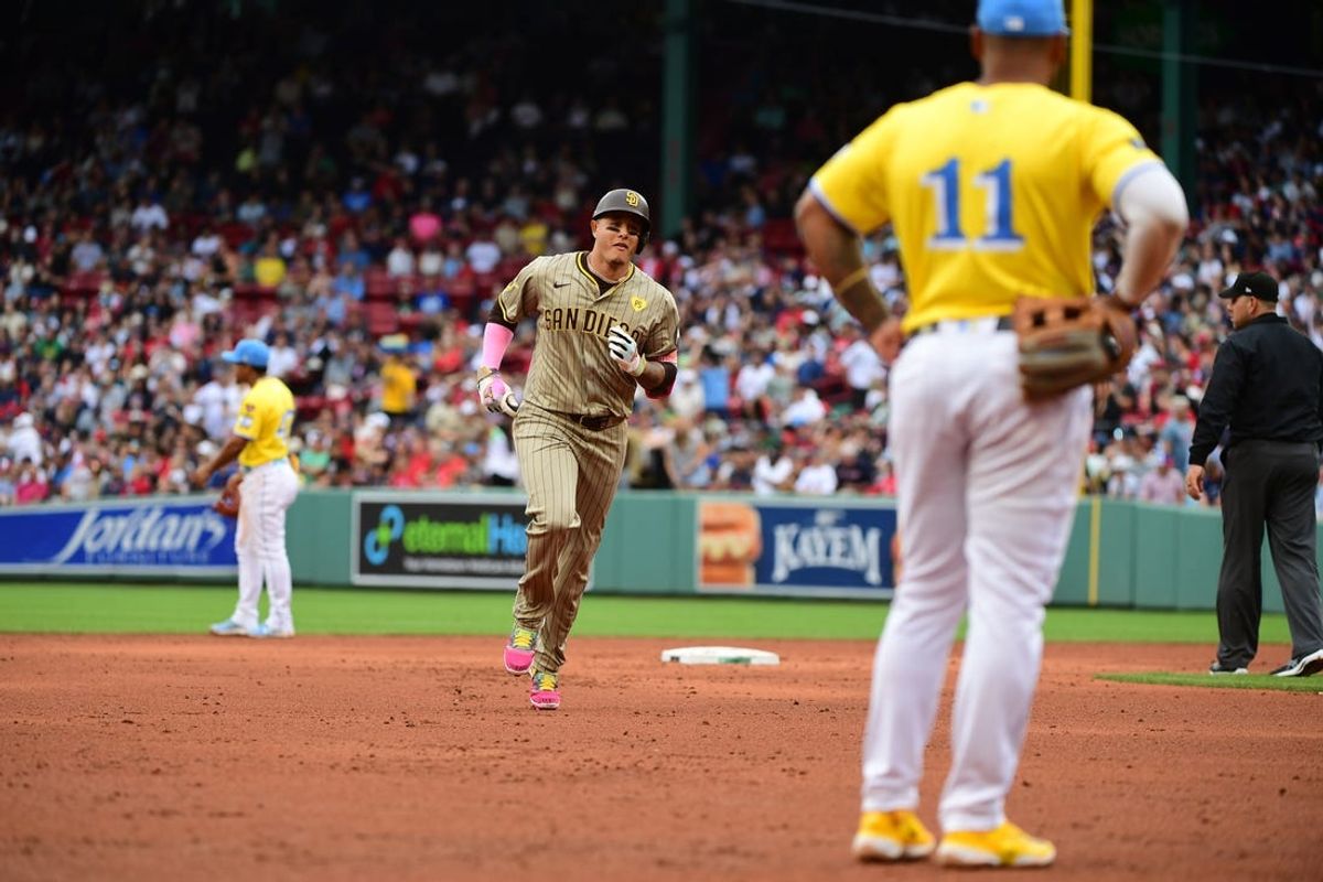 Jun 29, 2024; Boston, Massachusetts, USA;  San Diego Padres designated hitter Manny Machado (13) rounds the bases after hitting a three run home run during the fifth inning against the Boston Red Sox at Fenway Park. Mandatory Credit: Bob DeChiara-USA TODAY Sports