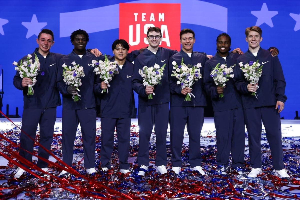 Jun 29, 2024; Minneapolis, Minnesota, USA; Paul Juda, Frederick Richard, Asher Hong, Stephen Nedoroscik, Brody Malone, Khoi Young and Shane Wiskus pose after being selected 2024 U.S. Olympic Men's gymnastics team during the U.S. Olympic Team Gymnastics Trials at Target Center. Mandatory Credit: Matt Krohn-USA TODAY Sports