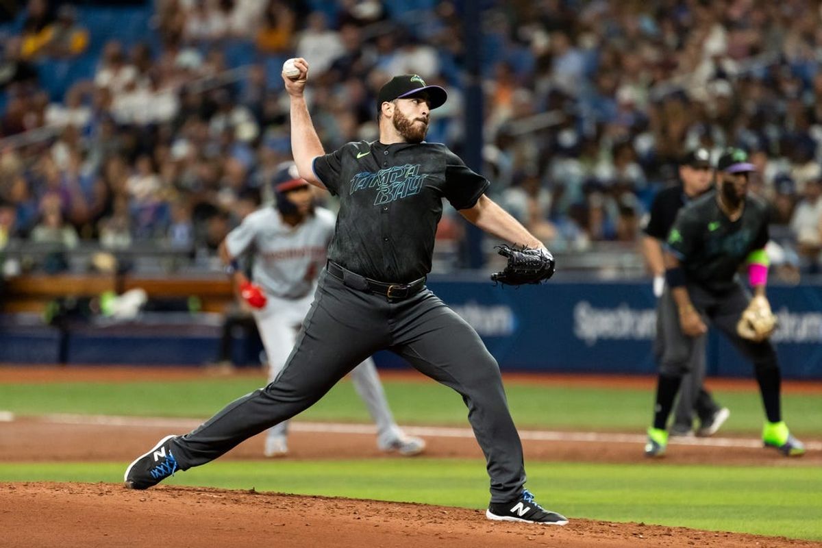 Jun 29, 2024; St. Petersburg, Florida, USA; Tampa Bay Rays pitcher Aaron Civale (34) pitches the ball against the Washington Nationals during the third inning at Tropicana Field. Mandatory Credit: Matt Pendleton-USA TODAY Sports