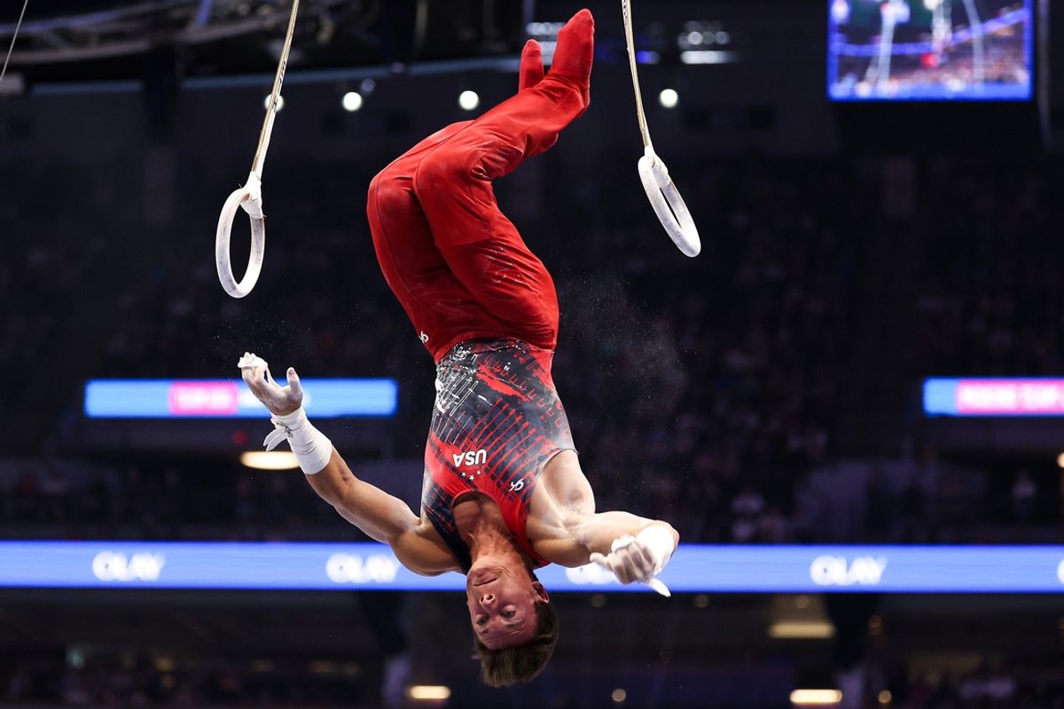 Jun 29, 2024; Minneapolis, Minnesota, USA; Brody Malone competes on the rings during the U.S. Olympic Team Gymnastics Trials at Target Center. Mandatory Credit: Matt Krohn-USA TODAY Sports
