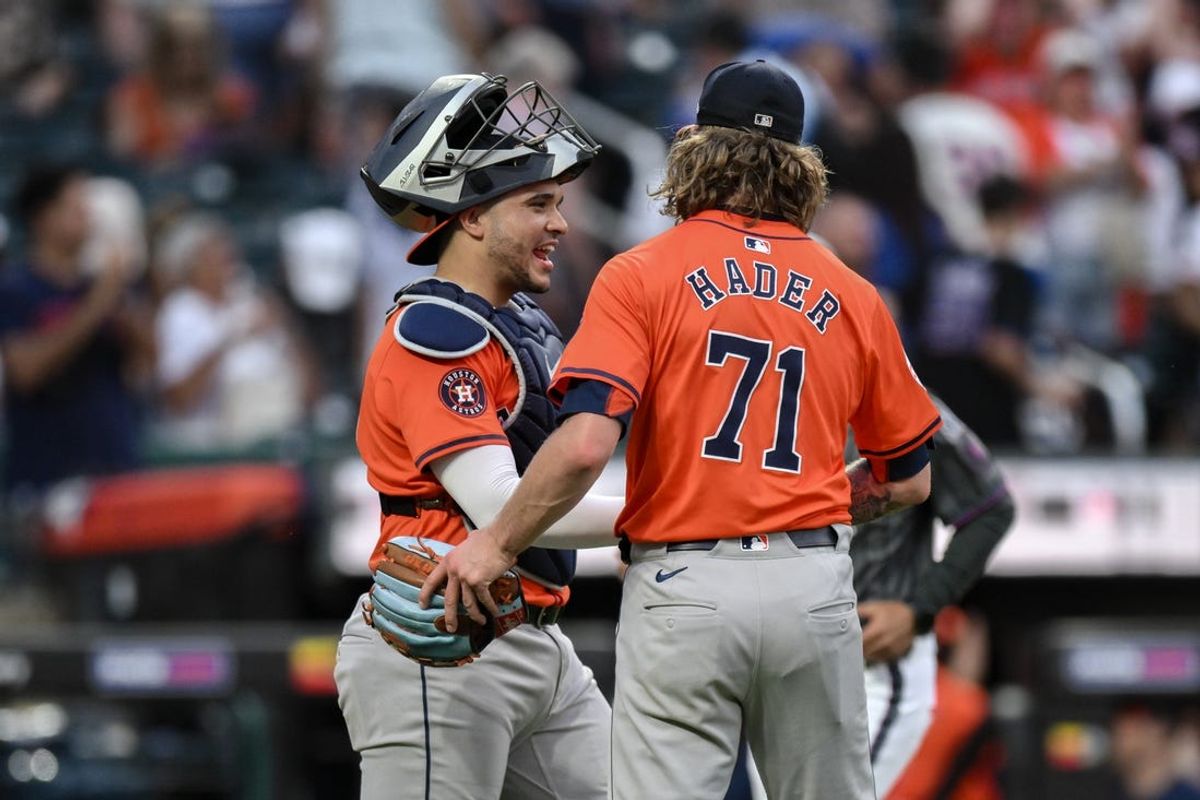 Jun 29, 2024; New York City, New York, USA; Houston Astros pitcher Josh Hader (71) shakes hands with Houston Astros catcher César Salazar (18) after winning against the New York Mets at Citi Field. Mandatory Credit: John Jones-USA TODAY Sports