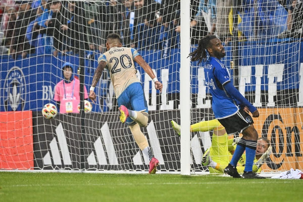 Jun 29, 2024; Montreal, Quebec, CAN; Philadelphia Union midfielder Jesus Bueno (20) scores a goal against CF Montreal during the first half at Stade Saputo. Mandatory Credit: Eric Bolte-USA TODAY Sports