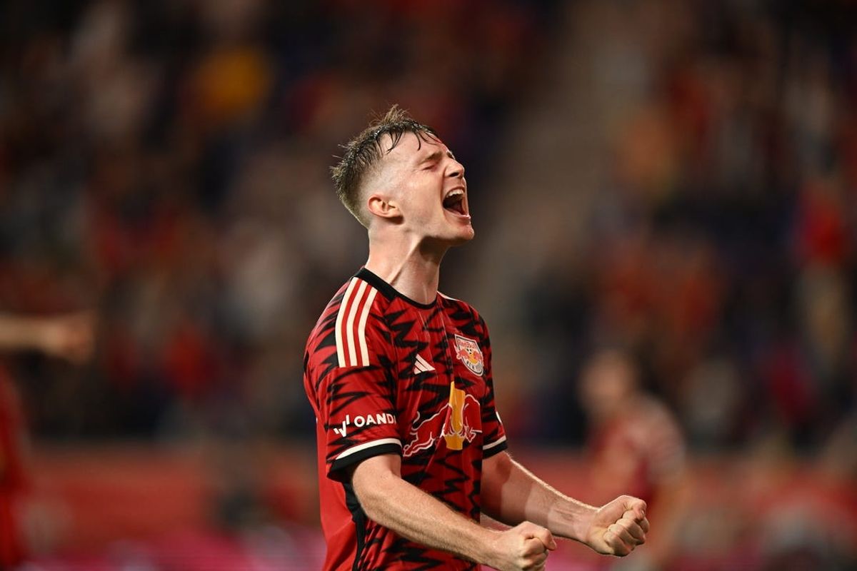Jun 29, 2024; Harrison, New Jersey, USA; New York Red Bulls forward Cameron Harper (17) celebrates his goal during the second half against D.C. United at Red Bull Arena. Mandatory Credit: Mark Smith-USA TODAY Sports