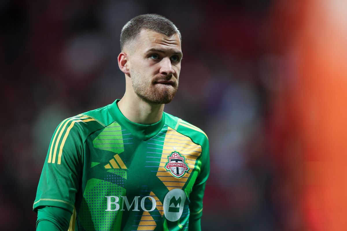 Jun 29, 2024; Atlanta, Georgia, USA; Toronto FC goalkeeper Luka Gavran (90) at halftime against Atlanta United at Mercedes-Benz Stadium. Mandatory Credit: Brett Davis-Imagn Images
