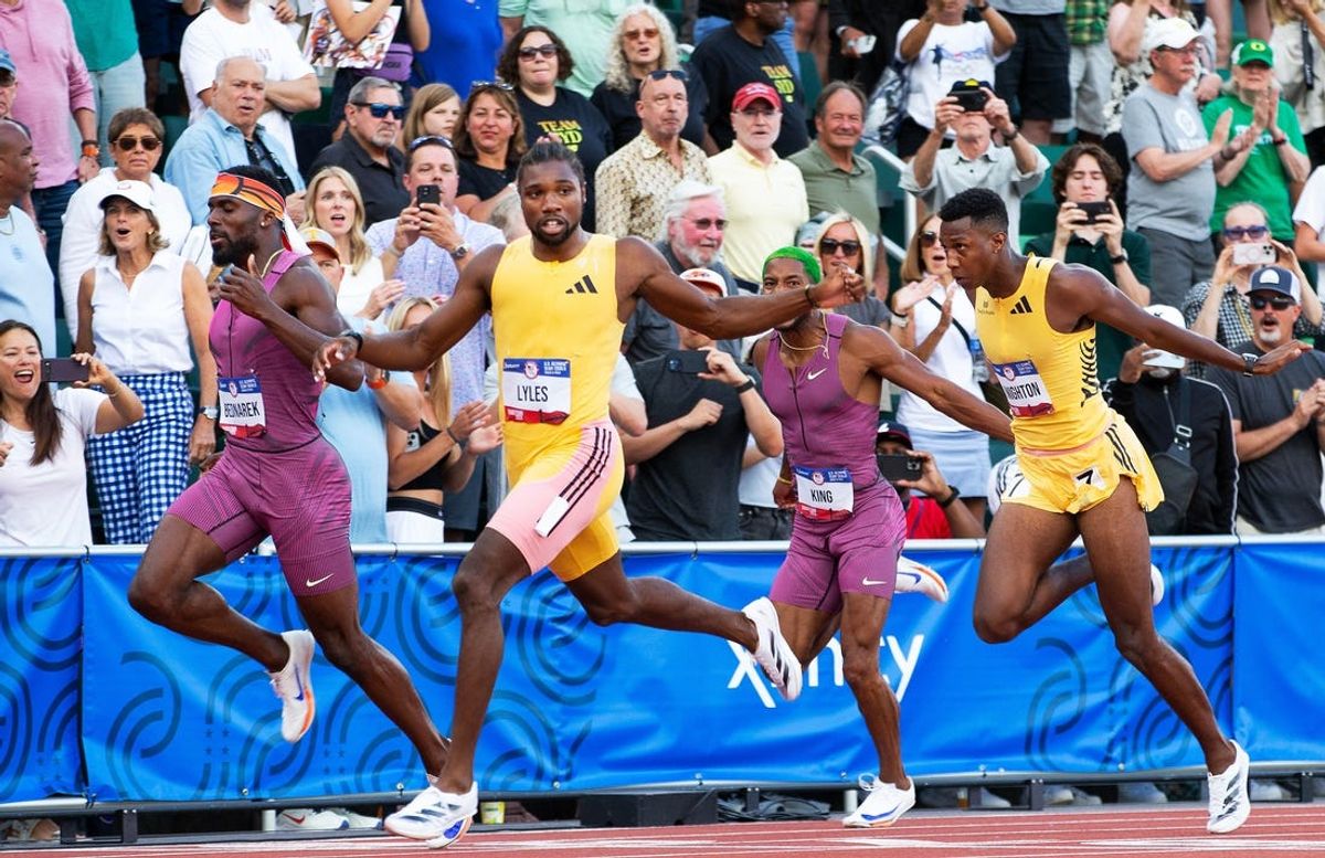 Noah Lyles, center left, wins the men’s 200 meters during day nine of the U.S. Olympic Track & Field Trials Saturday, June 29, 2024, at Hayward Field in Eugene, Ore.