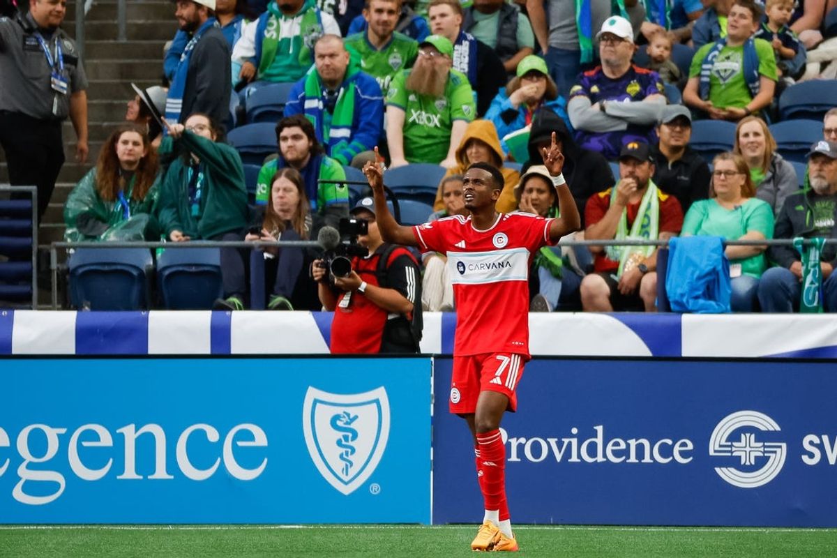 Jun 29, 2024; Seattle, Washington, USA;Chicago Fire FC midfielder Maren Haile-Selassie (7) celebrates after scoring a goal against Seattle Sounders FC during the first half at Lumen Field. Mandatory Credit: Joe Nicholson-USA TODAY Sports