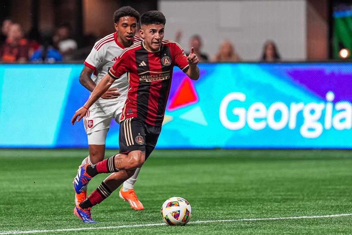Jun 29, 2024; Atlanta, Georgia, USA; Atlanta United midfielder Thiago Almada (10) runs towards the goal against Toronto FC during the first half at Mercedes-Benz Stadium. Mandatory Credit: Dale Zanine-USA TODAY Sports