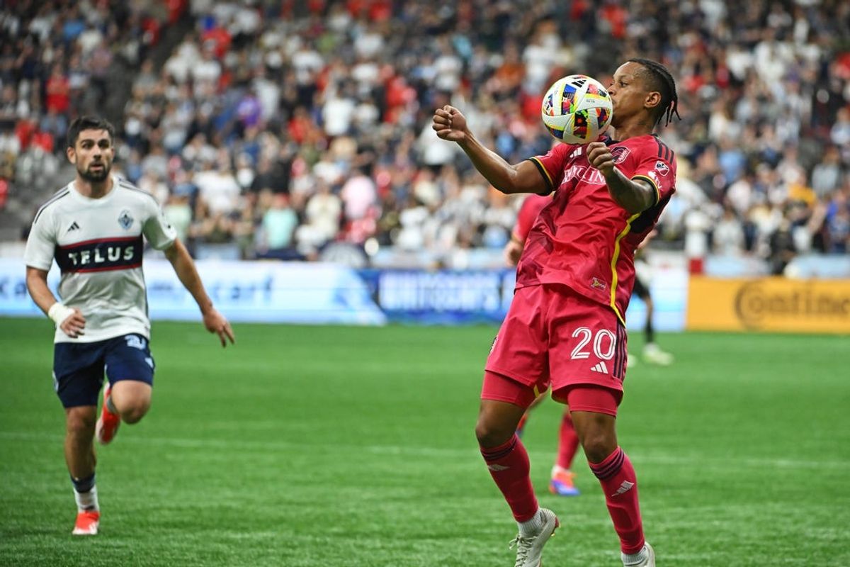 Jun 29, 2024; Vancouver, British Columbia, CAN; St. Louis City SC midfielder Akil Watts (20) controls the ball during the second half against Vancouver Whitecaps FC at BC Place. Mandatory Credit: Anne-Marie Sorvin-USA TODAY Sports