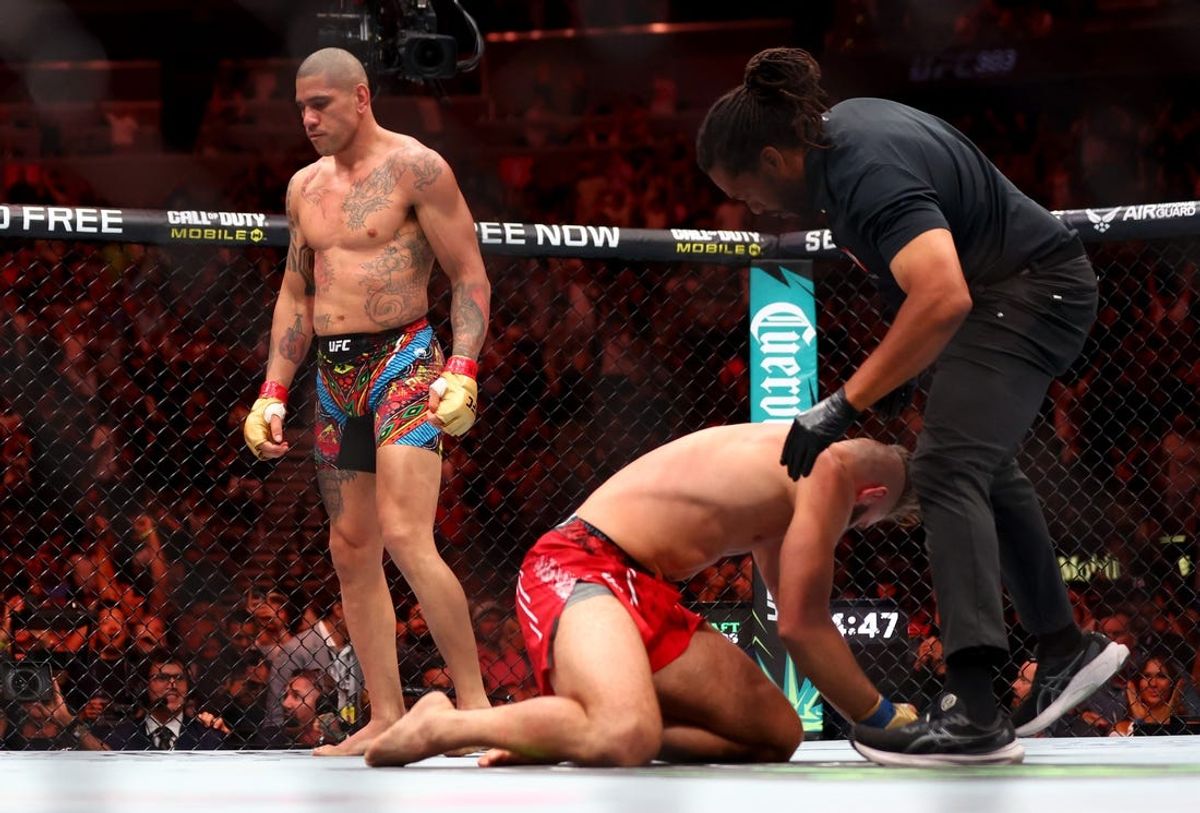 Jun 29, 2024; Las Vegas, Nevada, USA; Alex Pereira (red gloves) reacts after defeating Jiri Prochazka (blue gloves) during UFC 303 at T-Mobile Arena. Mandatory Credit: Mark J. Rebilas-USA TODAY Sports