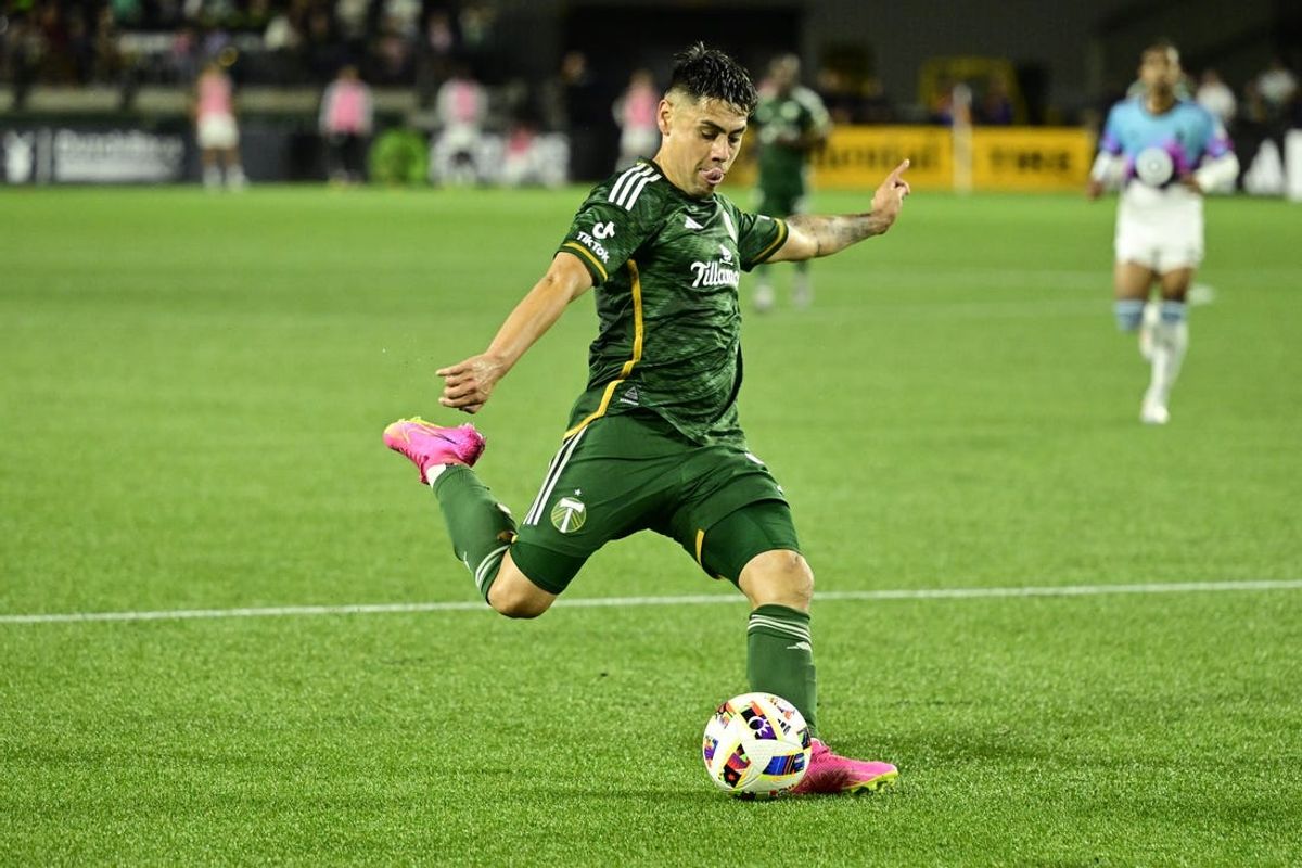 Jun 29, 2024; Portland, Oregon, USA; Portland Timbers forward Felipe Mora (9) shoots the ball in the second half against the Minnesota United at Providence Park. Mandatory Credit: Troy Wayrynen-USA TODAY Sports