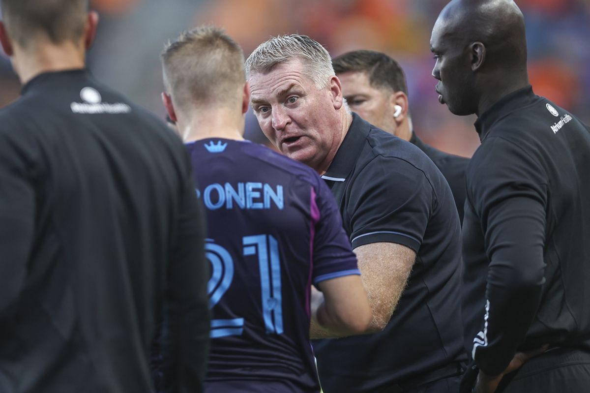 Jun 29, 2024; Houston, Texas, USA; Charlotte FC head coach Dean Smith reacts on the sideline during the match against Houston Dynamo FC at Shell Energy Stadium. Mandatory Credit: Troy Taormina-USA TODAY Sports