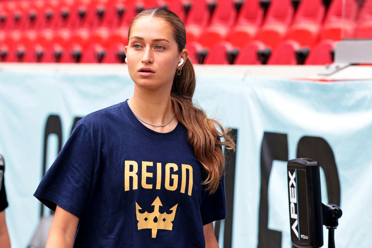 Jun 30, 2024; Harrison, New Jersey, USA; Seattle Reign FC forward Jordyn Huitema (9) walks in before playing against NJ/NY Gotham FC at Red Bull Arena. Mandatory Credit: Vincent Carchietta-Imagn Images